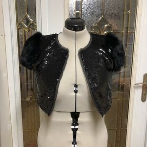 BCBGMAXAZRIA  Black Maddox Sequin Fur Shrug Blazer